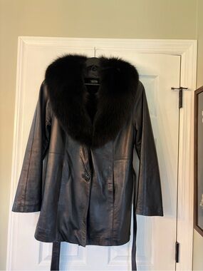 Saga Furs Vintage Black Leather Jacket with Plush Black Fur Collar